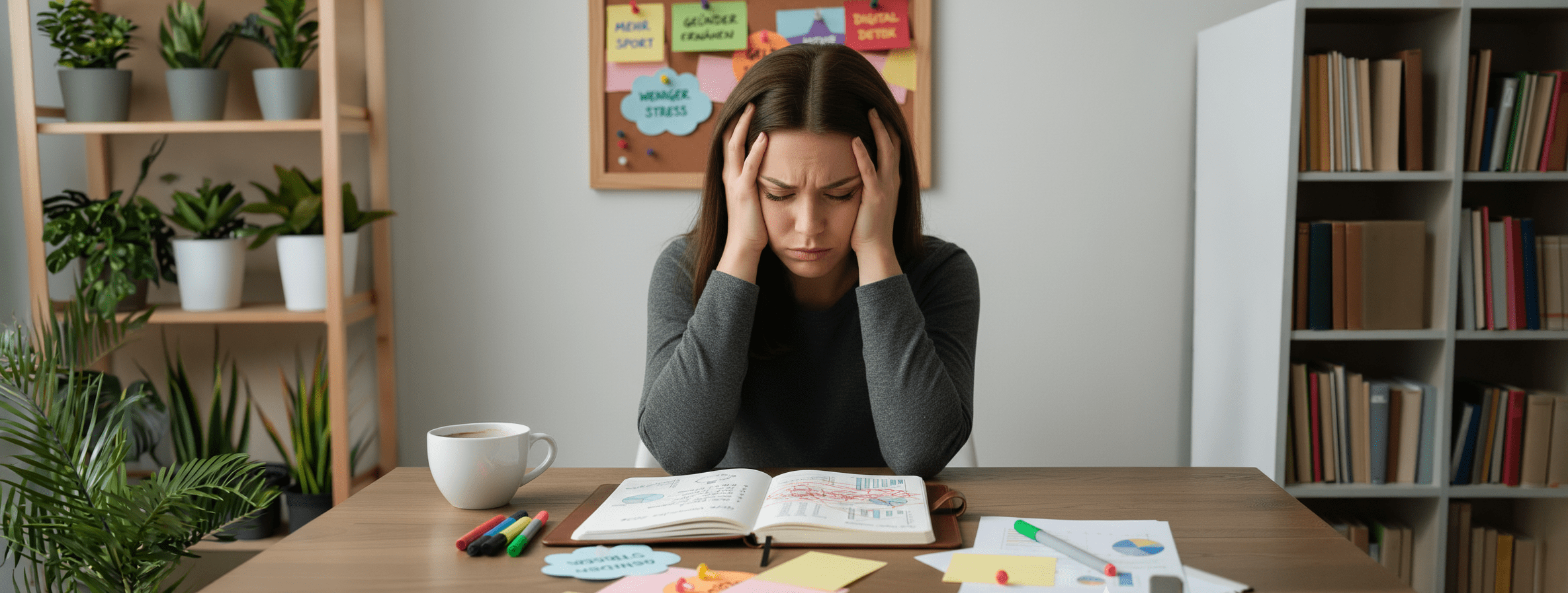 Frau sitzt am Tisch und blickt nachdenklich auf ihre To-do-Liste mit guten Vorsätzen.