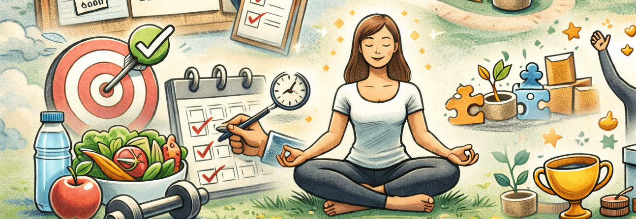 Gezeichnete Szene mit meditierender Frau, die gute Vorsätze umsetzen möchte.