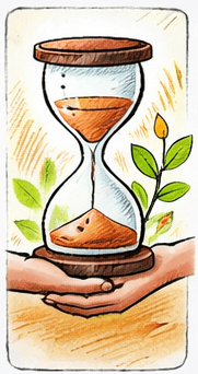 Sanduhr in Hand mit Pflanze, Symbol für Geduld und langfristige Veränderung nach der Umsetzung der Vorsätze.