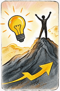 Figur auf einem Berg mit aufgehender Sonne und Glühbirne, Symbol für Inspiration und Motivation
