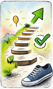 Treppe mit Schuh und Häkchen, Symbol für kleine, erreichbare Schritte