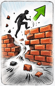 Figur springt über Mauer mit Pfeil nach oben, Symbol für Herausforderungen meistern