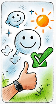 Smiley, grüner Haken und Daumen nach oben bedeutet, dass alle guten Vorsätze bereits umgesetzt sind.