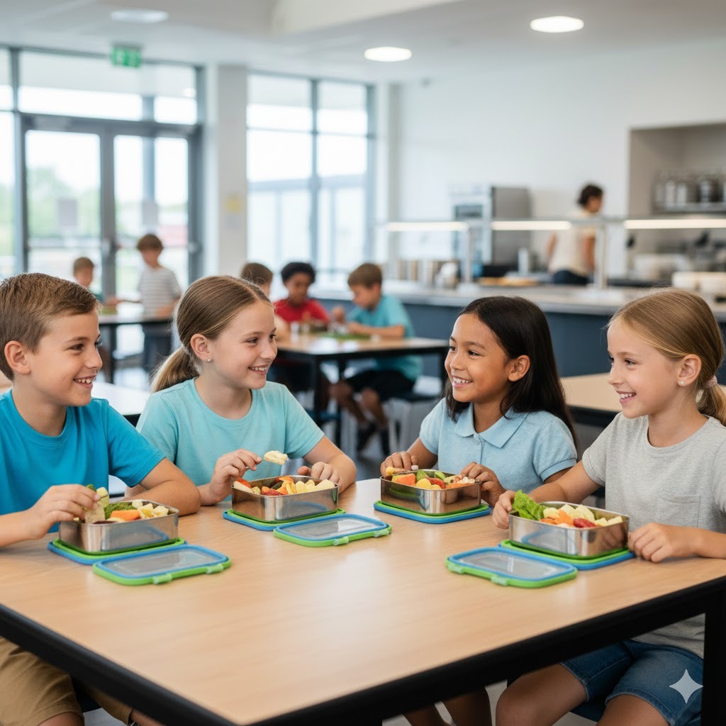 Schulkinder in einer Mensa mit Edelstahl-Brotdosen.