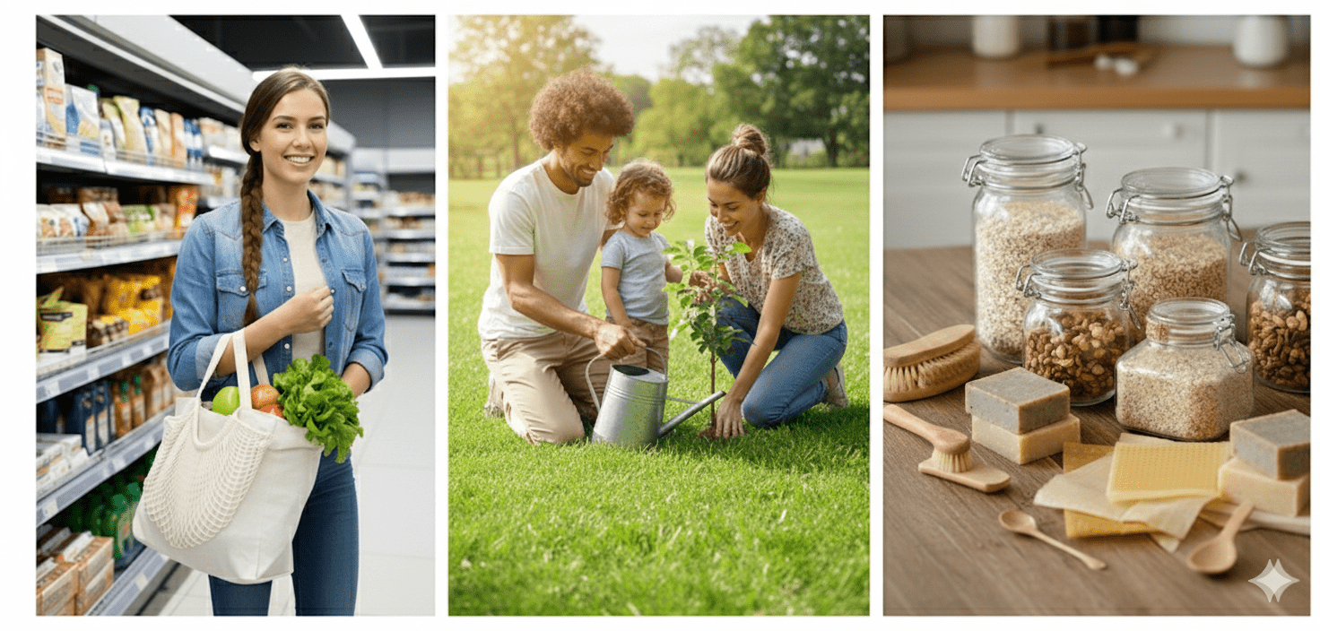 Collage zum Thema Plastikfrei leben: eine Frau mit Stoffbeutel im Supermarkt, eine Familie beim Pflanzen eines Baumes und plastikfreie Bad- und Küchenartikel.