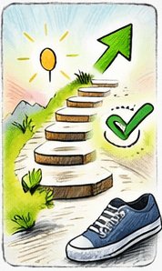 Treppe mit Schuh und Häkchen, Symbol für kleine, erreichbare Schritte