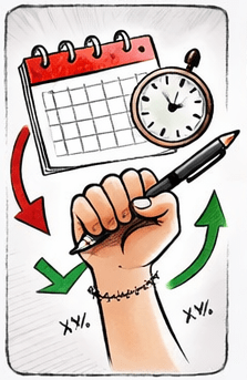 Hand, die einen Kalender und Checkliste ausfüllt, Symbol für Planung und Organisation bei den Vorsätzen.