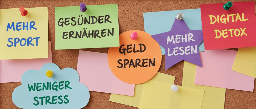 Kork-Pinnwand mit Notizzetteln und Zielen, um gute Vorsätze umzusetzen.